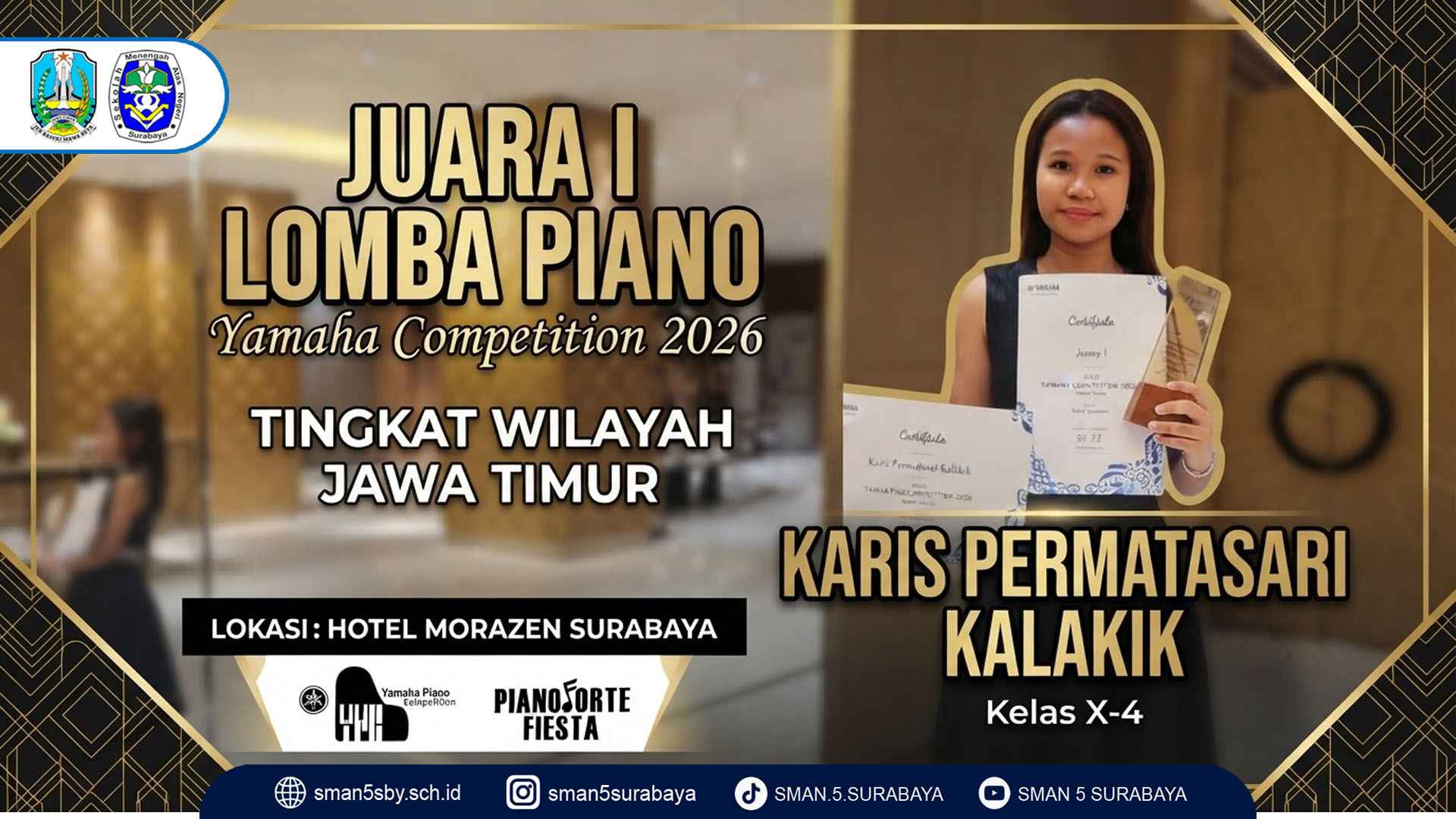 Raih Juara 1 Piano Yamaha Competition 2026 Tingkat Jawa Timur